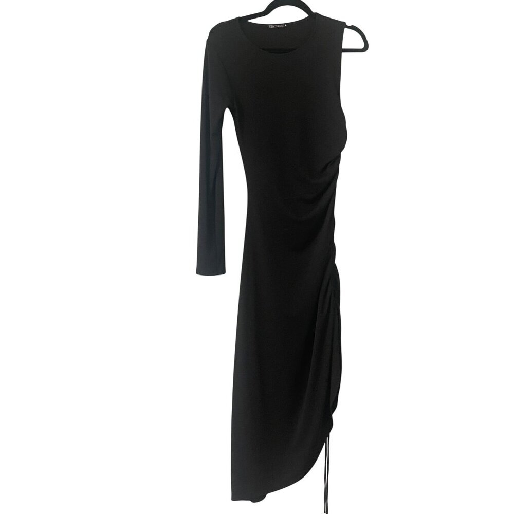 Zara One Sleeve Ruched Side Black Midi Dress Sz S